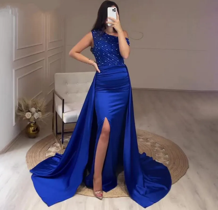 

Arabic Dubai Royal Blue Evening Dress 2023 One Shoulder Beads Slit Mermaid Women Formal Prom Party Gown Robe De Soriee