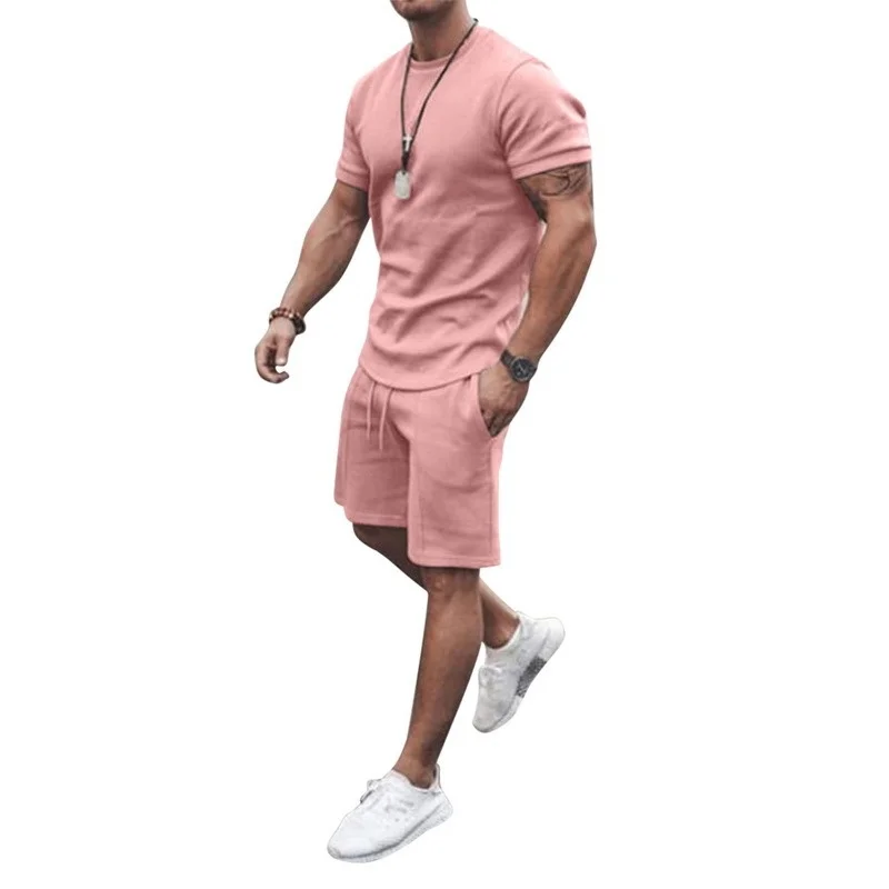 

2022 Summer Men Tracksuit Set Solid Color Short Sleeve T-shirt Pocket Drawstring Shorts Two Piece Suit Sport Fitness Outfits