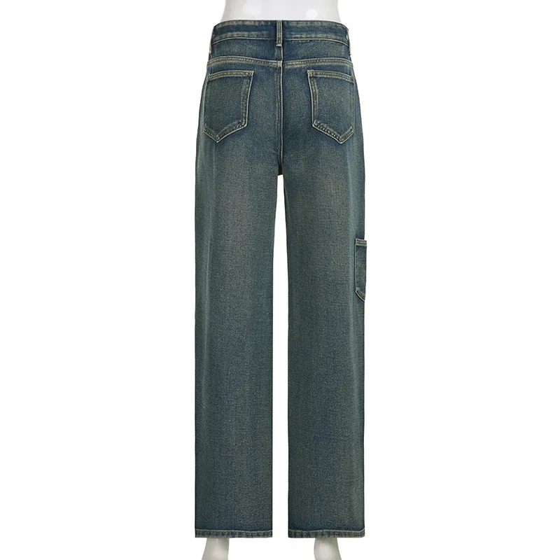 Streetwear Hip Hop Cargo Jeans Women Y2K Vintage Grunge Blue Denim Pants Oversize Retro Punk High Street Wide Leg Trousers