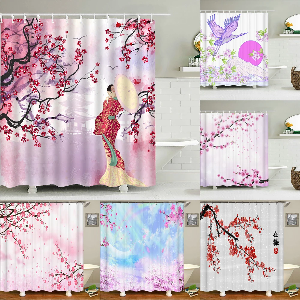 

Cortinas de ducha impermeables de tela de poliéster, estilo japonés, flor de ciruelo,decoración para mujer y niña,varios tamaños