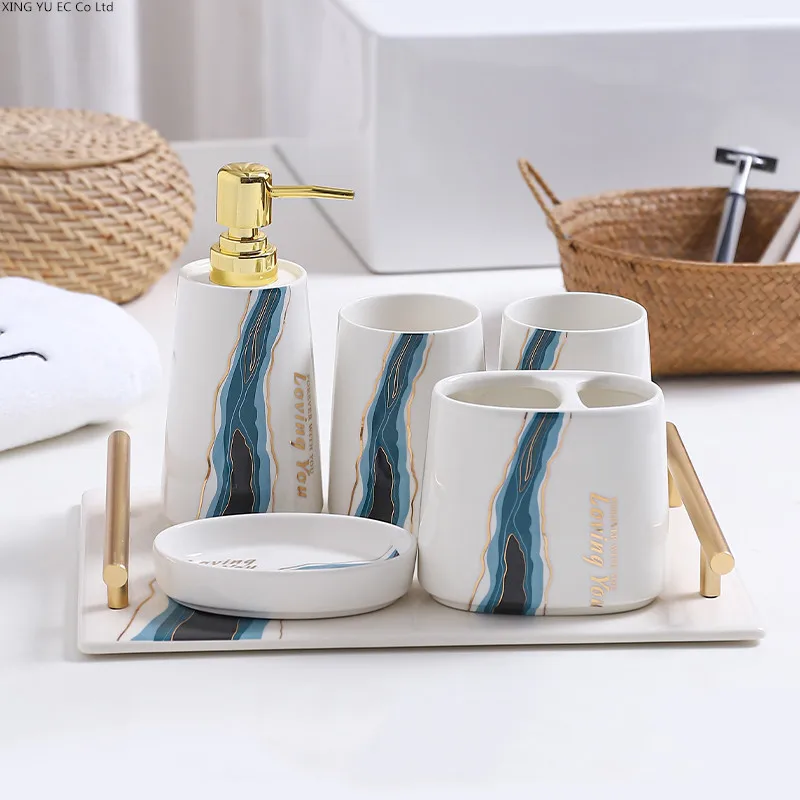 

Nordic Style Bathroom Decoration Accessories Toothbrush Holder Mouthwash Cup Toothpaste Dispenser Ceramic Tray Household Items