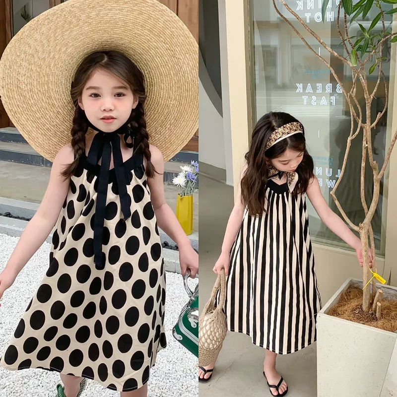 

Summer Baby Girls Cotton Striped Dots V-Neck Backless Sleeveless Strapped Dress Kids Lovely Outfits Child Sweet Skirt 2-8 Years