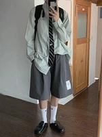 qweek hippie harajuku grey knee length cargo pants women japanese streetwear oversize wide leg shorts korean style trousers
