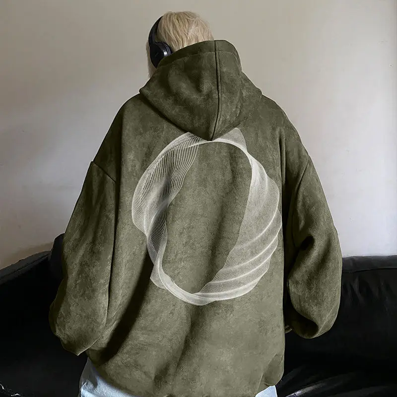 

Suede Hooded Sweater American Vintage High Street Men Autumn and Winter Fashion Brand Loose Oversize Pullover Couple Coat Top