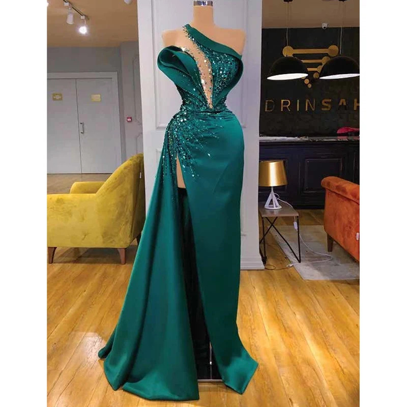 

Emerald Green One Shoulder Prom Dress Side Slit Ruffles Pleats Floor-Length Mermaid Evening Party Gown Custom Robes De Soirée