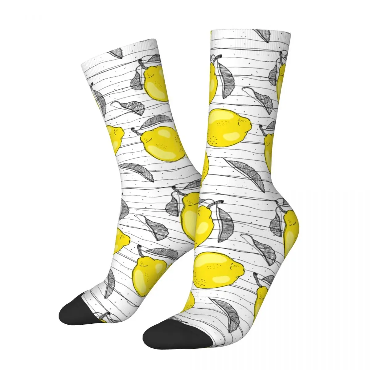 

Casual Lemon Fresh Yellow Tropical Style Fruit Stripes Sports Socks Polyester Long Socks for Women Men Non-slip
