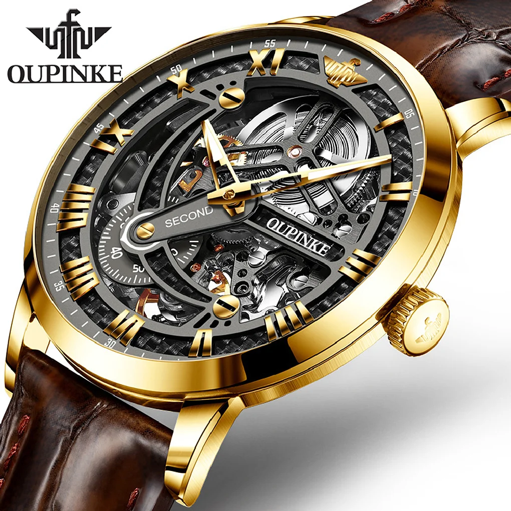 

OUPINKE Brand Luxury Automatic Watch for Men Mechanical Leather Strap Sapphire Mirror Skeleton Hollow Wristwatch Reloj Hombre