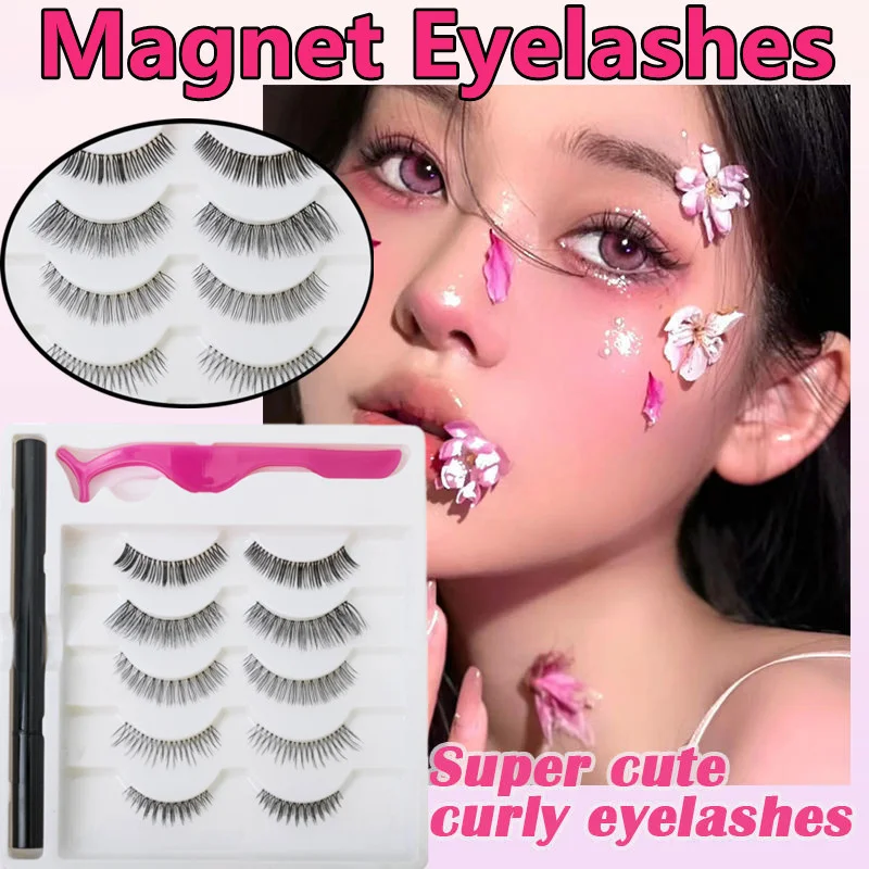 

3/5 Pairs Magnetic Eyelashes Natural False Lashes Repeated Use Eyelashes Waterproof Liquid Eyeliner With Tweezer Makeup Set