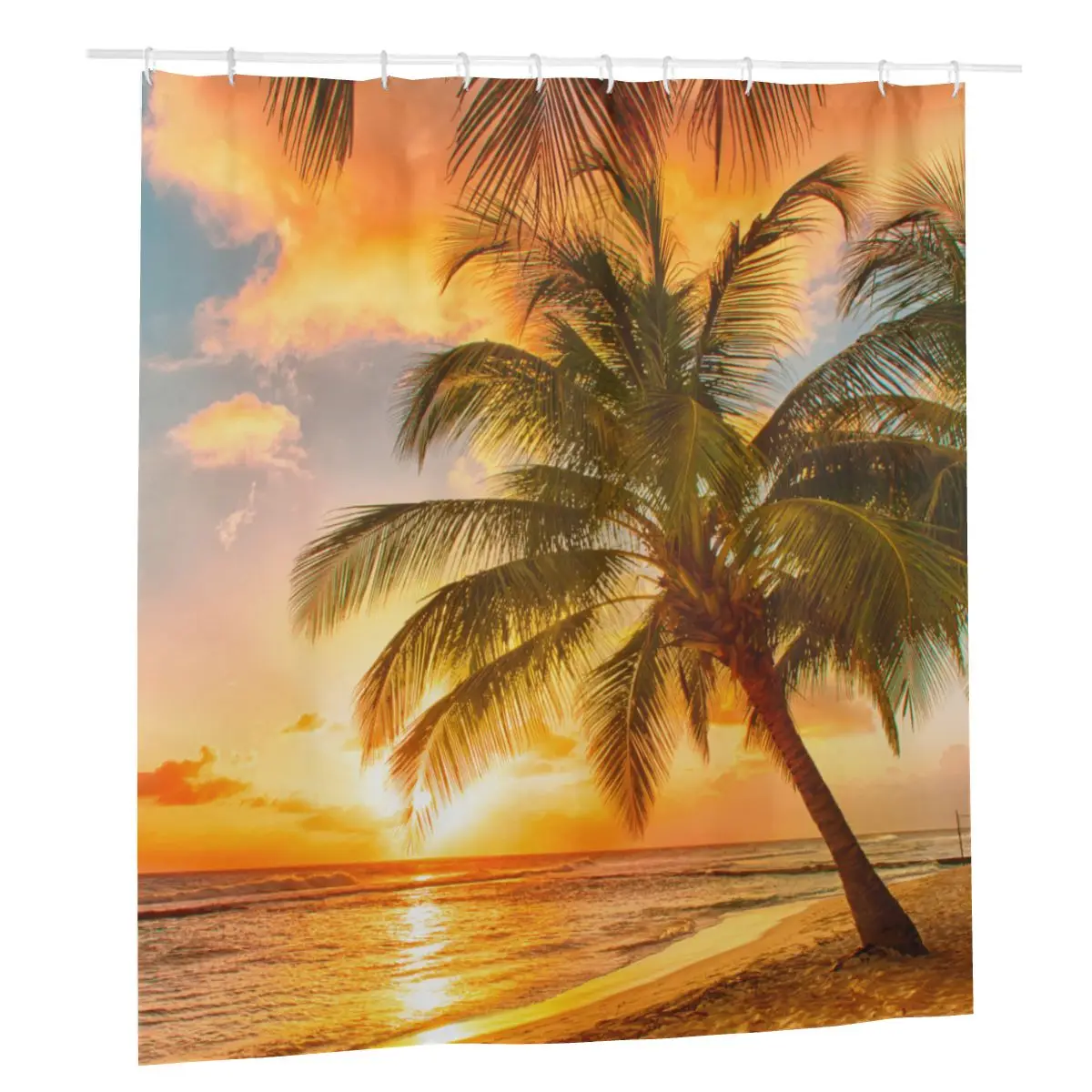 

Sea Beach Scenery Bathroom Shower Curtains Sunset Decoration Cloth Screen with 12pcs Hooks