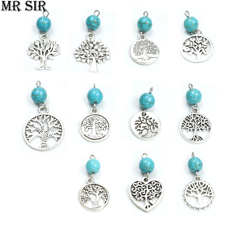 

10pcs World Peace Tree of Life Turquoises Beads Charms Antique Silver Color Pendant Making DIY Earrings Jewelry Gift Accessories