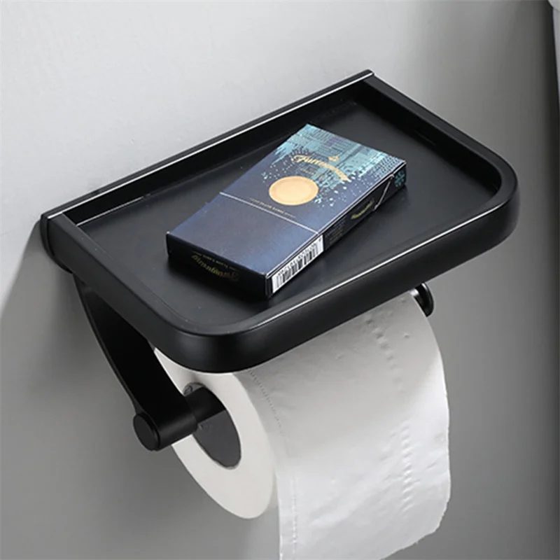 

Wall Mounted Black Toilet Paper Holder Tissue Paper Holder Roll Holder With Phone Storage Shelf Bathroom Accessories