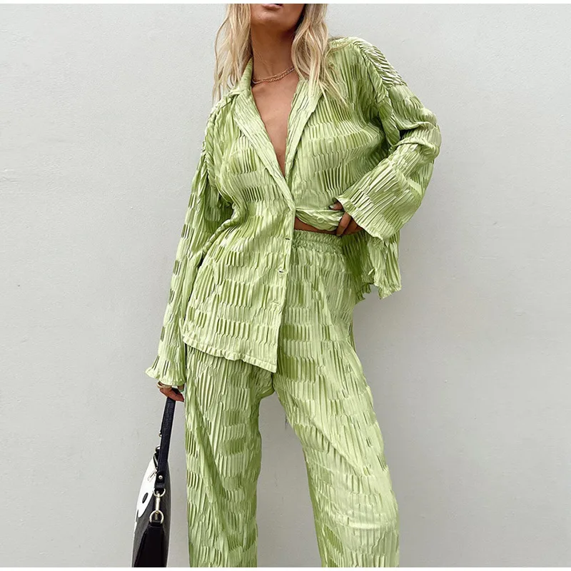 

2 Pieces Female Suit Set Solid Color Lapel Long Sleeve Ruched Button-Down Shirt+ Long Pants for Women Green