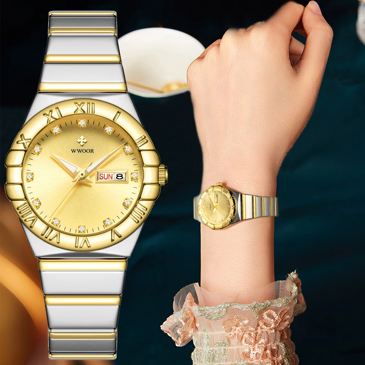 WWOOR золотые женские часы из нержавеющей стали роскошные часы-браслет кварцевые с