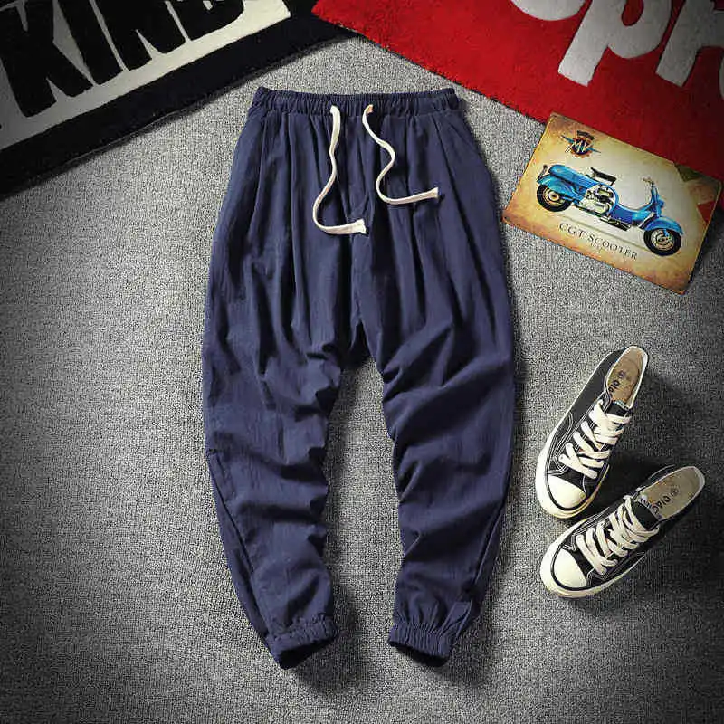 

Брюки мужские из хлопка и льна, тонкие свободные повседневные штаны, шаровары, укороченные штаны, летняя одежда