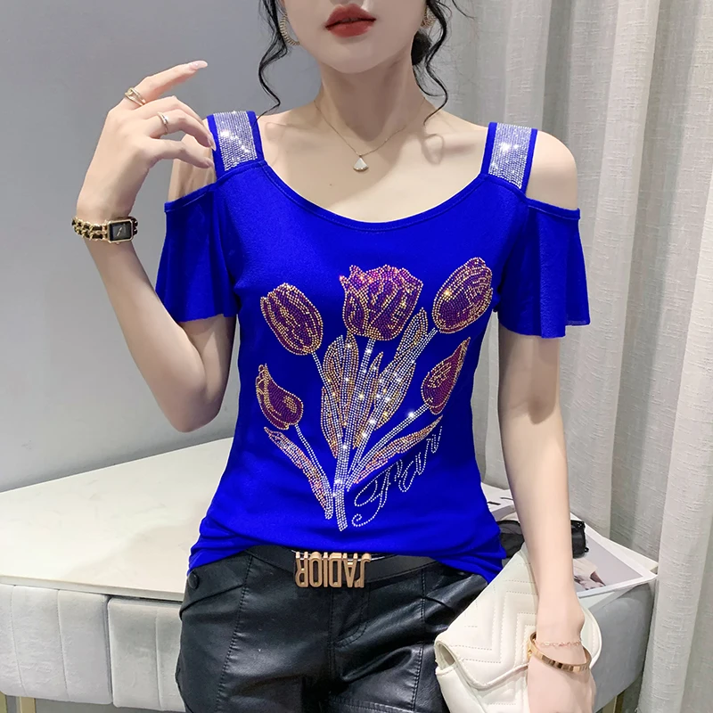 

Summer European Clothes T-Shirt Chic Sexy Off Shoulder Ruffles Shiny Diamonds Flower Women Tops Short Sleeve Hand Make Tees 9054