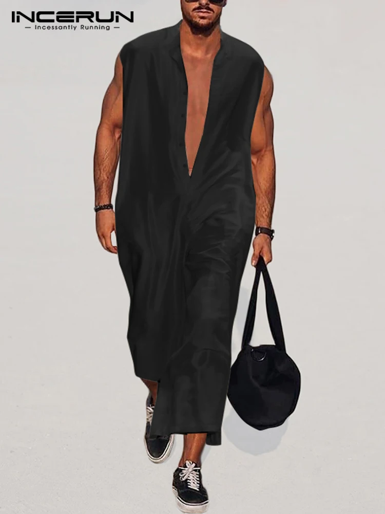 

INCERUN Fashion Men Jumpsuits Solid Color Stand Collar Sleeveless Streetwear Button Casual Men Overalls 2022 Wide Leg Rompers