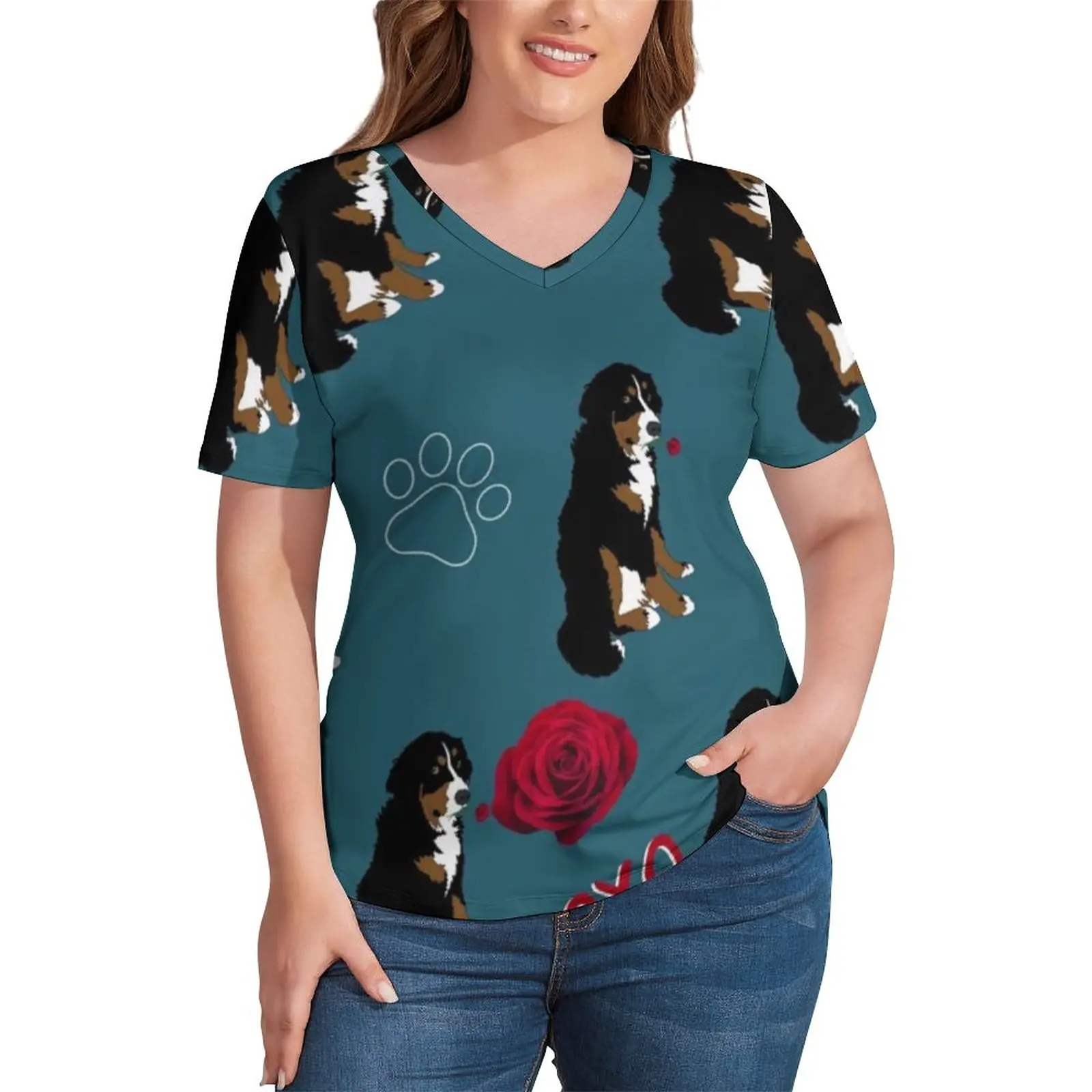 

Bernese Mountain Dog T Shirt Animals Summer Graphic Women Kawaii T-Shirt Oversize V Neck Tee Shirt