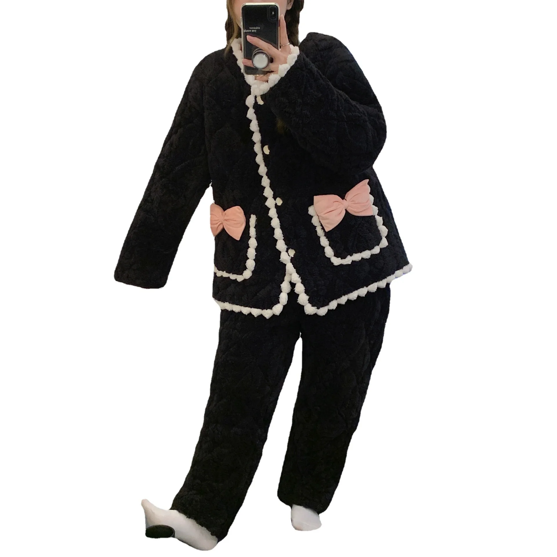 2022 New Coralline pyjamas Women's Winter three-layer cotton-padded flannel warm warm girl lovely home dress set