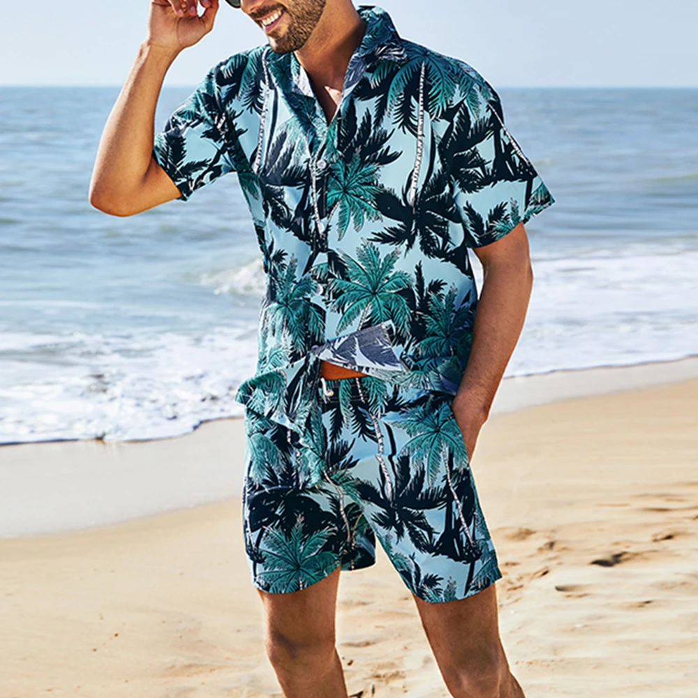 Men's Beach Vacation Casual Short-sleeved Shorts Suit Coconut Tree Print Hawaiian Lapel Floral Shirt Two-piece Set Summer