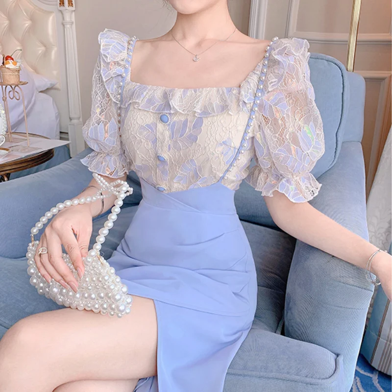 Short Sleeve Evening Party Midi Dress Women 2022 Summer Korean Style 2 Piece Set Fashion Suits Elegant Vintage Lace Dress Female