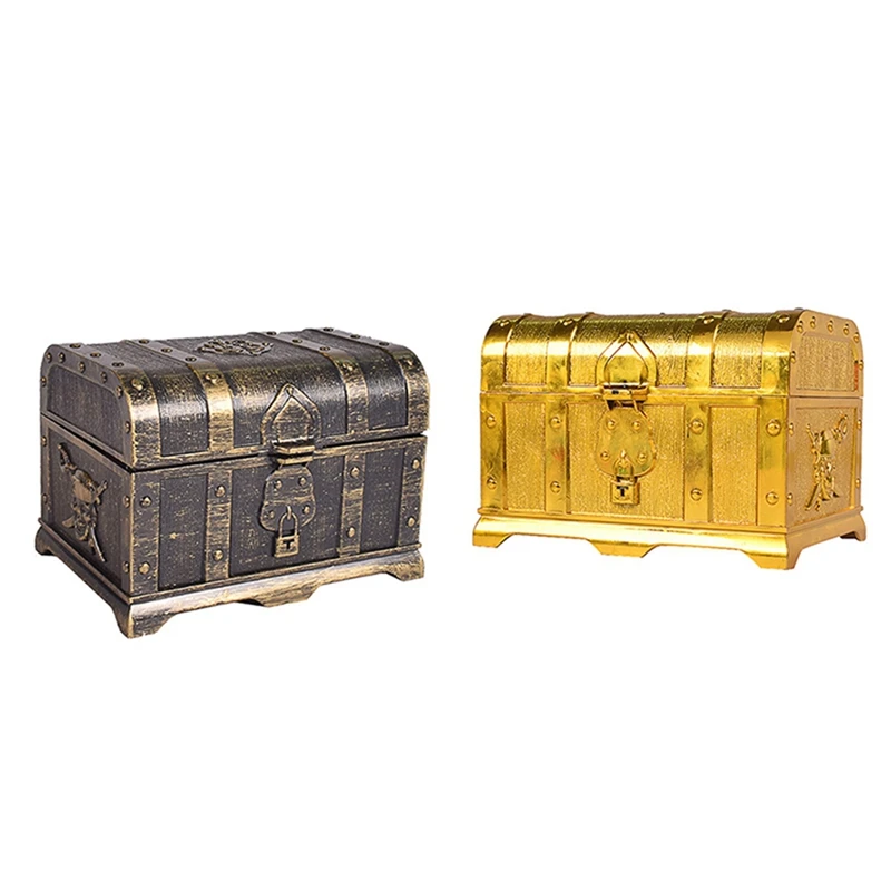 

2X Pirate Treasure Chest Treasure Chest Keepsake Jewelry Box Plastic Toy Treasure Boxes Electroplating Gold & Bronze