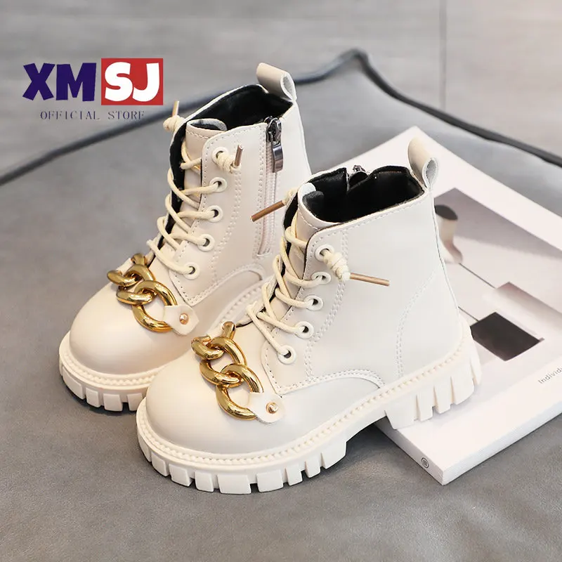 

2023 Autumn New Britain Style Children Metal Decor Solid Little Girls Boots Flat Short Boots for Kids Girls Side Zip Girls Boots