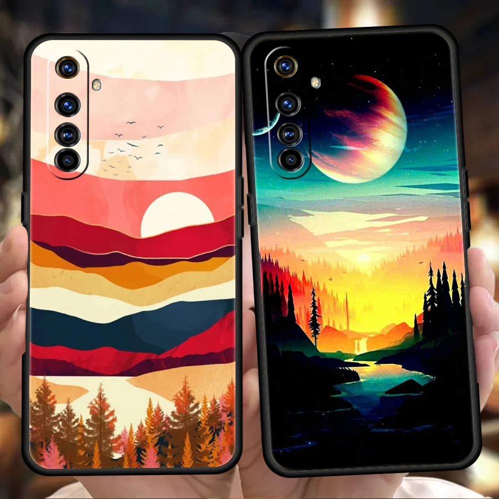 

Hand Painted Scenery Phone Case for Realme 8 9 Pro Plus 8i 9i 6 7 GT2 C21 C25 C3 C11 Pro 5G Luxury Shockproof Silicone Shell Bag