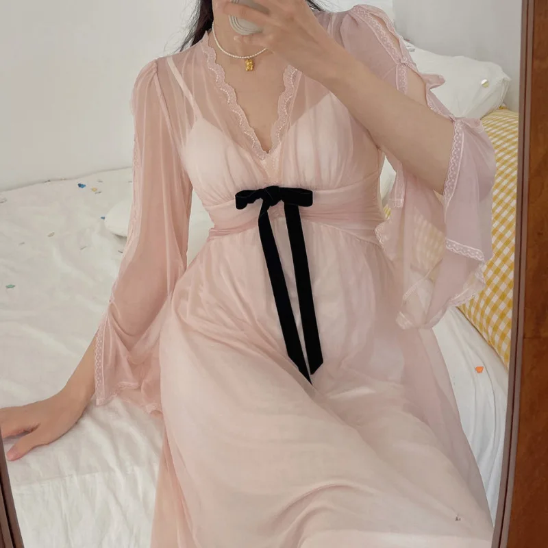 Elegant Mesh Perspective Female Long Nightgown Bathrobe Gown Nightdress Sleepwear Sexy Half Sleeve Nightwear Loose Home Wear
