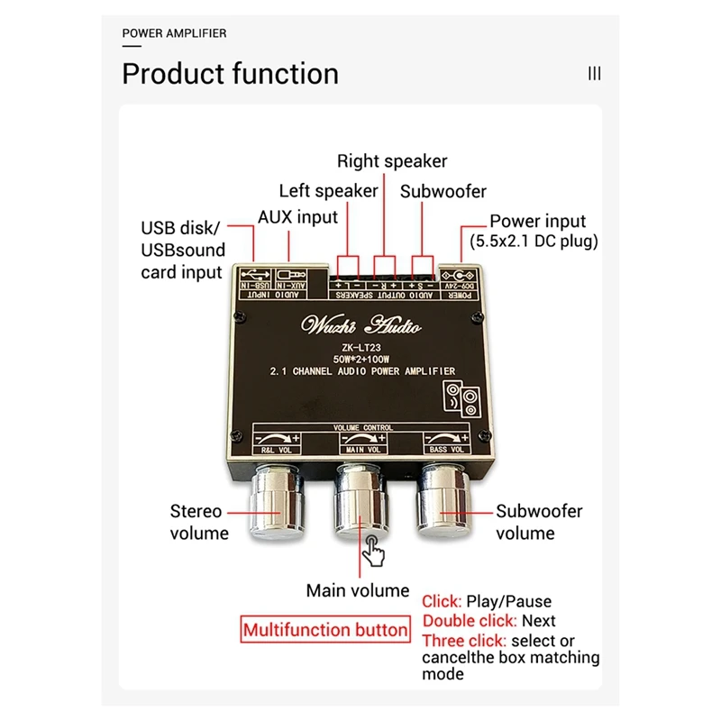 Цифровой усилитель мощности 2 1 каналов Bluetooth 5 AUX 2x50 Вт + 100