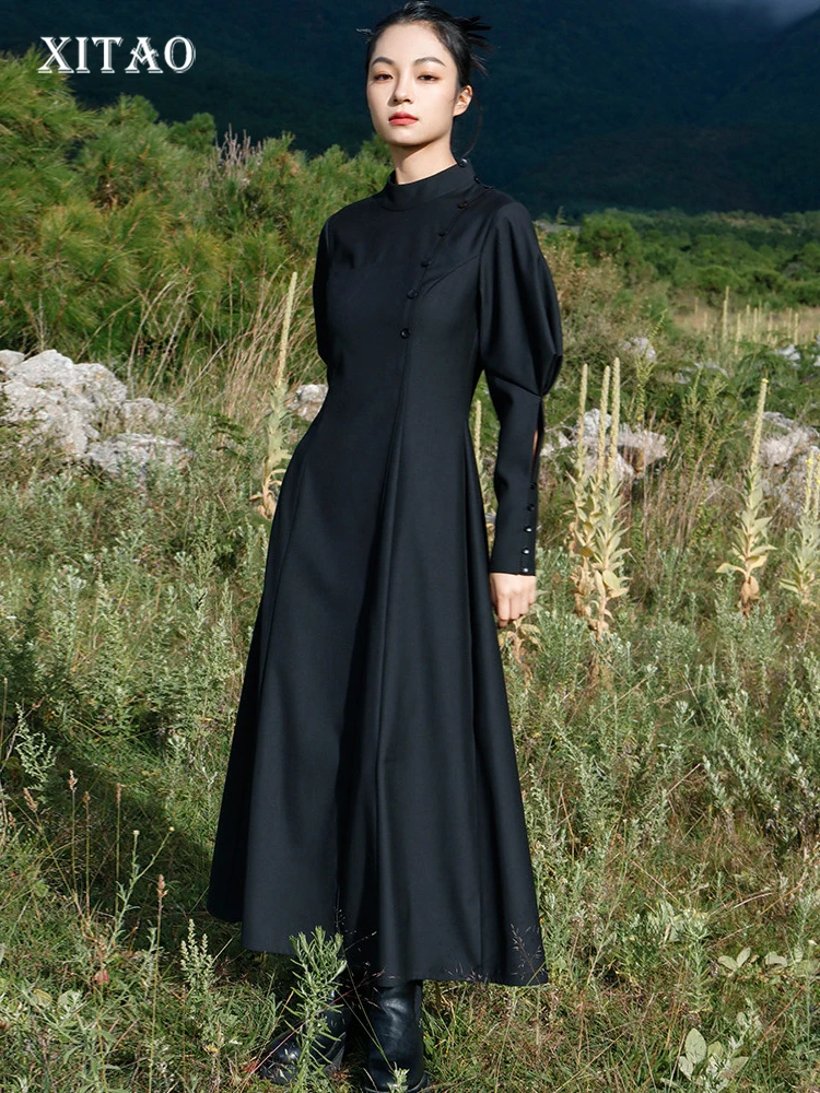 

XITAO, винтажное черное платье, Модный пуловер, длинный рукав, плиссированное, 2022, Осеннее, свободное, однотонное, элегантное платье, WLD9329