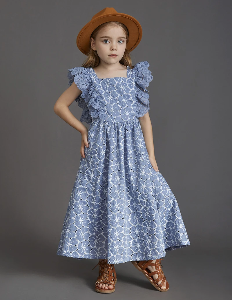 

Новинка 2023, длинные платья принцессы с цветочным принтом для девочек, детские кружевные платья с оборками и вышивкой на проймах, костюм, детская одежда