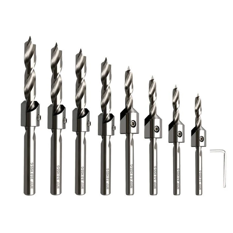 

High Speed Steel Countersink Drill Bits 3/4/5/6/7/8/9/10MM Round Shank Brad Point Fast Wood Drilling Chamfer with Hex Wrench