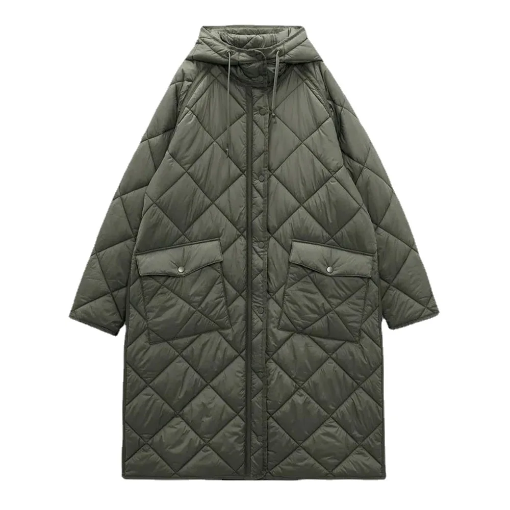 Autumn and Winter New Solid Color Medium Long Hooded Cotton Coat Women