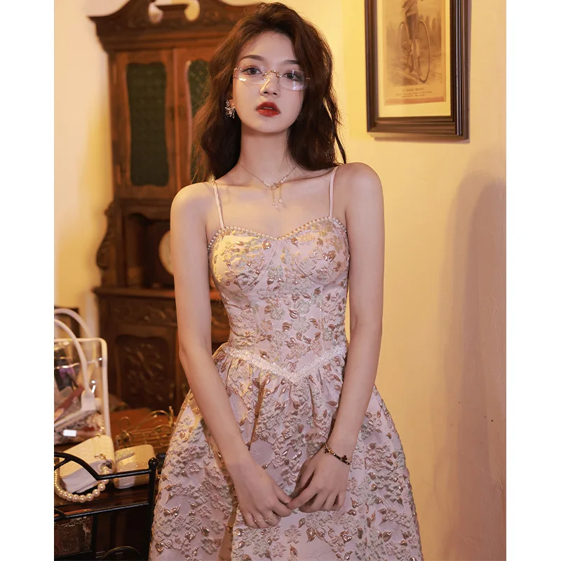 

Женское французское вечернее платье-трапеция, платье розового цвета на тонких бретелях, модель 2023 года