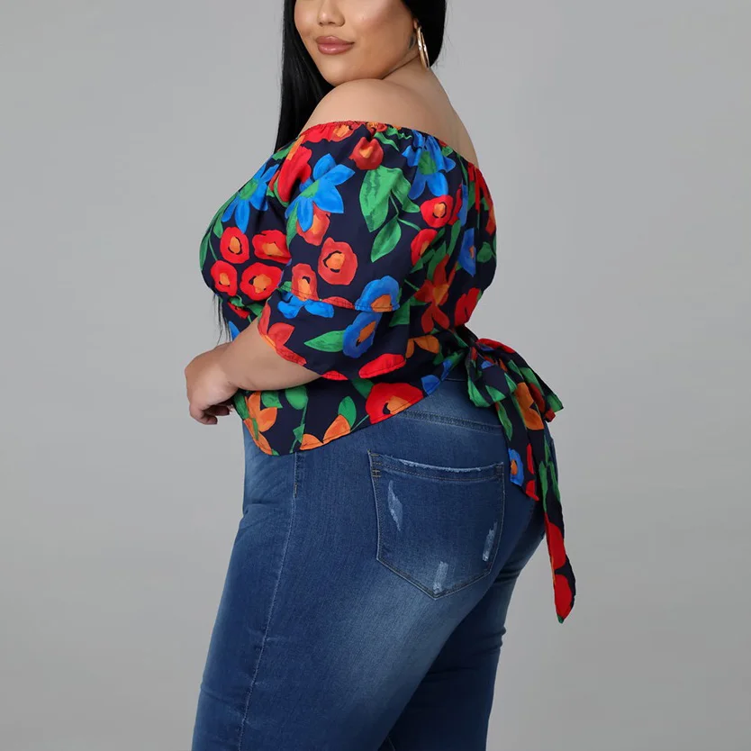 Plus Size Shirts for Women 4XL 5XL 2022 Suummer New Floral Printed Off the Shoulder Fashion Large Ladies Tops Shirts Hot Style