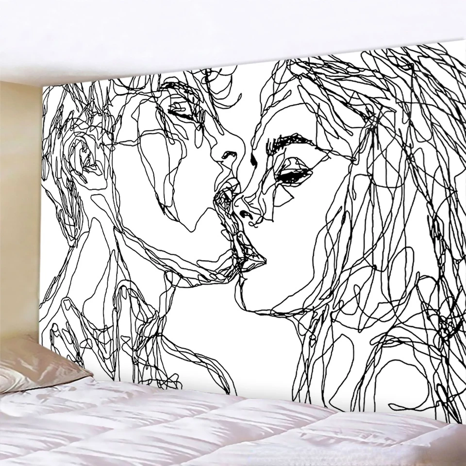 

Kissing Line Drawing Tapestry Wall Hanging Boho Decor Hippie Kiss Psychedelic Wall Hanging Abstract Wallcloth Tapestry