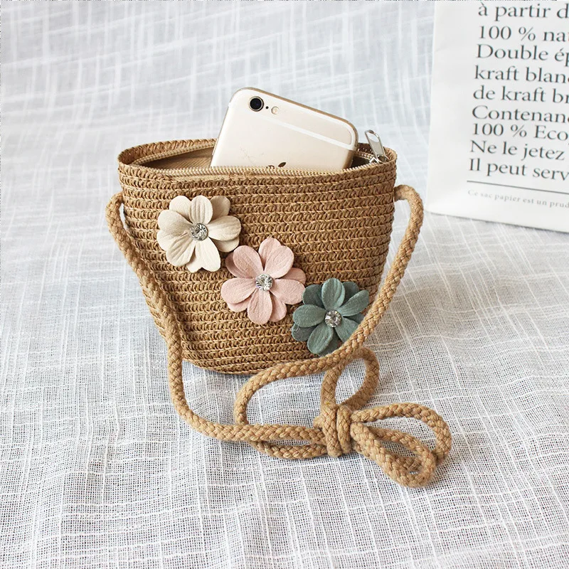 Lovely Girls Small Coin Purse Summer Handbags Children's Mini Shoulder Bags Princess Wallet Baby Kids Straw Woven Crossbody Bag