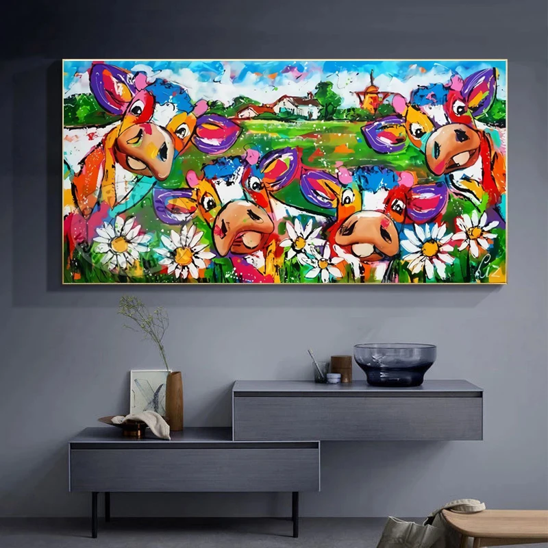 

Картина на холсте с изображением животного, крупного рогатого скота, коров, масляная живопись, настенные художественные плакаты, картины на...