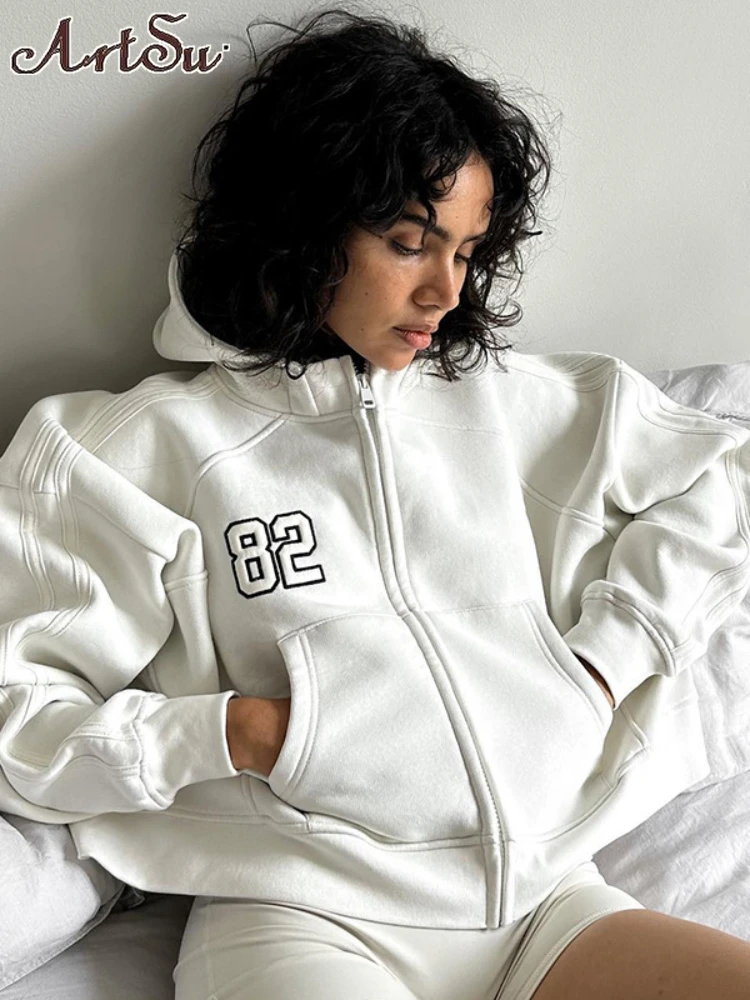 

Модные уличные толстовки для женщин на молнии, Обрезанные Кофты с вышивкой и карманами, куртка с капюшоном, осенне-зимняя одежда Y2k