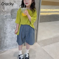 criscky boys solid t shirts white green pink girls tees children slit long tops short sleeve clothes for summer kids outfits