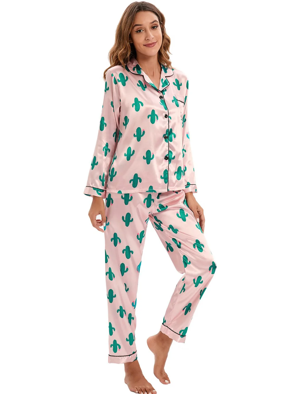 Womens Satin Pajamas Print Cactus Long Sleeve Sleepwear Silky Soft Button Down Loungewear Set Loose Leisure Homewear