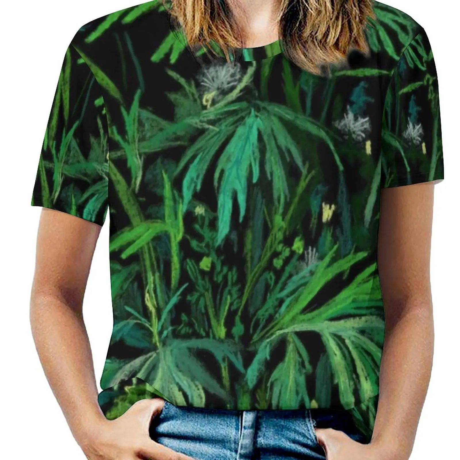 

Green Black Weed T-Shirts Summer Greenery Colorful Floral Art Simple O Neck T-Shirt Short Sleeve Harajuku Oversized Tee Shirt