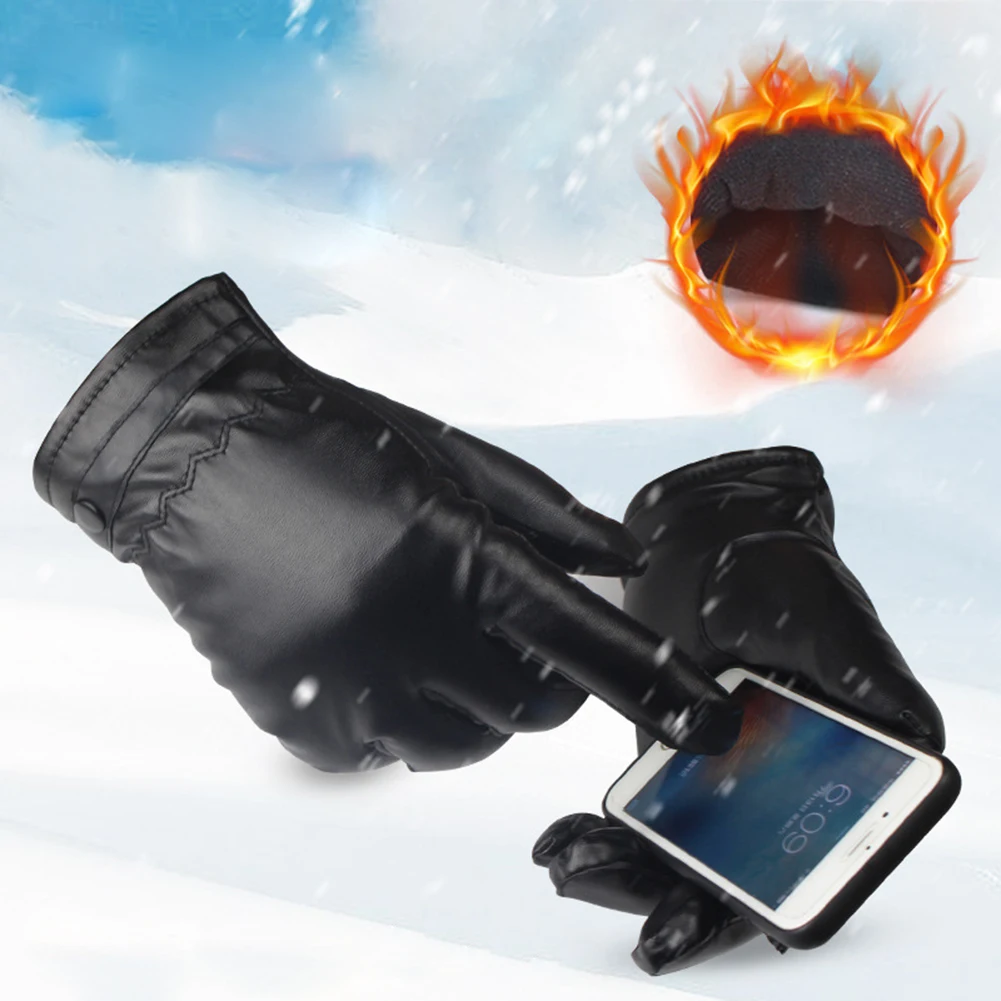 

1Pair Winter Black PU Leather Gloves Men Women Keep Warm Plush Velet Warm Full Finger Glove Cycling Working Waterproof Windproof
