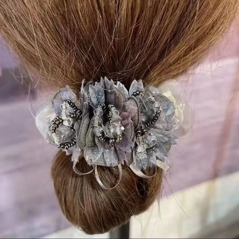 

Korean Style Headdress Flower Silk Yarn Large Intestine Ring Flower Rubber Band Mother Updo Hair Rope Cloth Hair Accessories