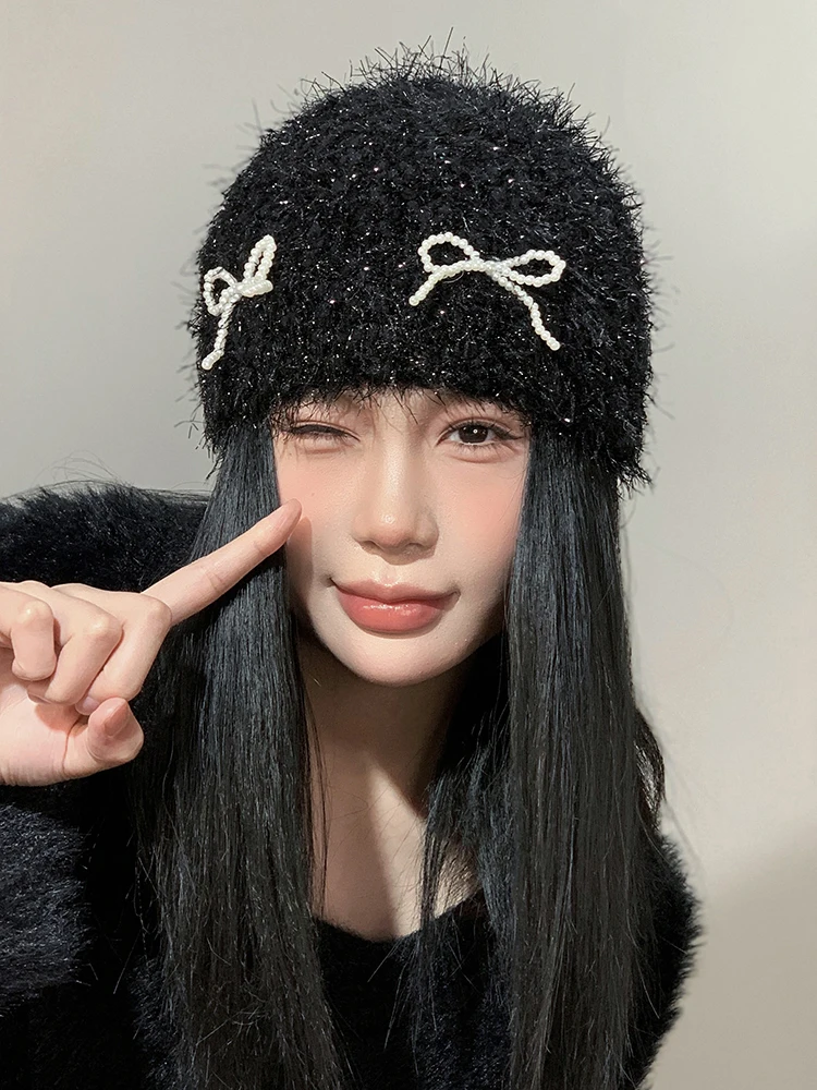 Плюшевая шапочка с жемчужными бантами детская осенне-зимняя универсальная