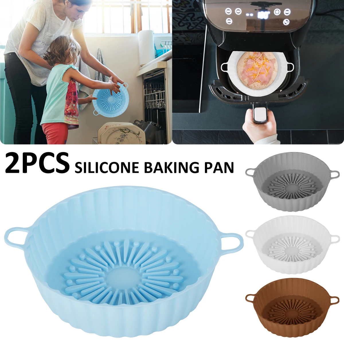 

2Pcs Air Fryer Silicone Pot with Handle Reusable Air Fryer Liner Heat Resistant Air Fryer Silicone Basket Round Baking Pan Air