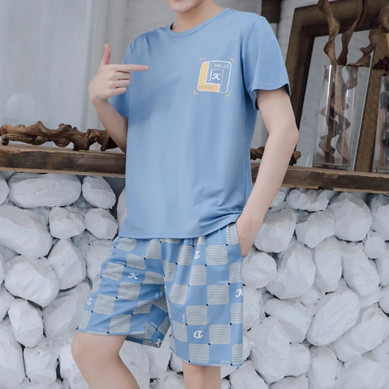 

2022 Men's Pajama Sets Summer Soft Men Sleepwear Set Short Sleeve Cotton Pajamas for Men Elastic Waist Pant Leisure Home Clothes