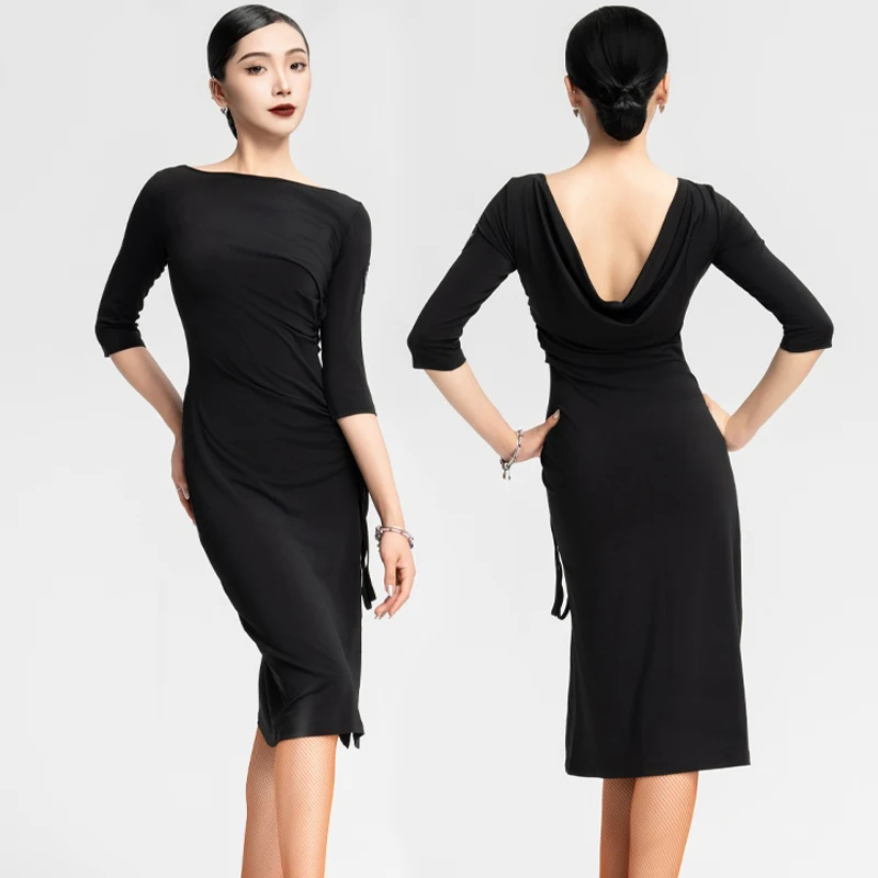 Женское платье для латиноамериканских танцев откровенное с разрезом и рукавом