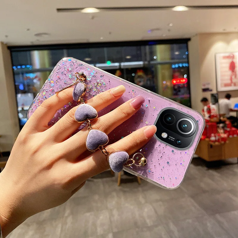 luxury love heart plush bracelet phone case for xiaomi 11lite 9 10 11t poco x3 pro m3 f3 redmi note11s wrist chain silicon cover free global shipping