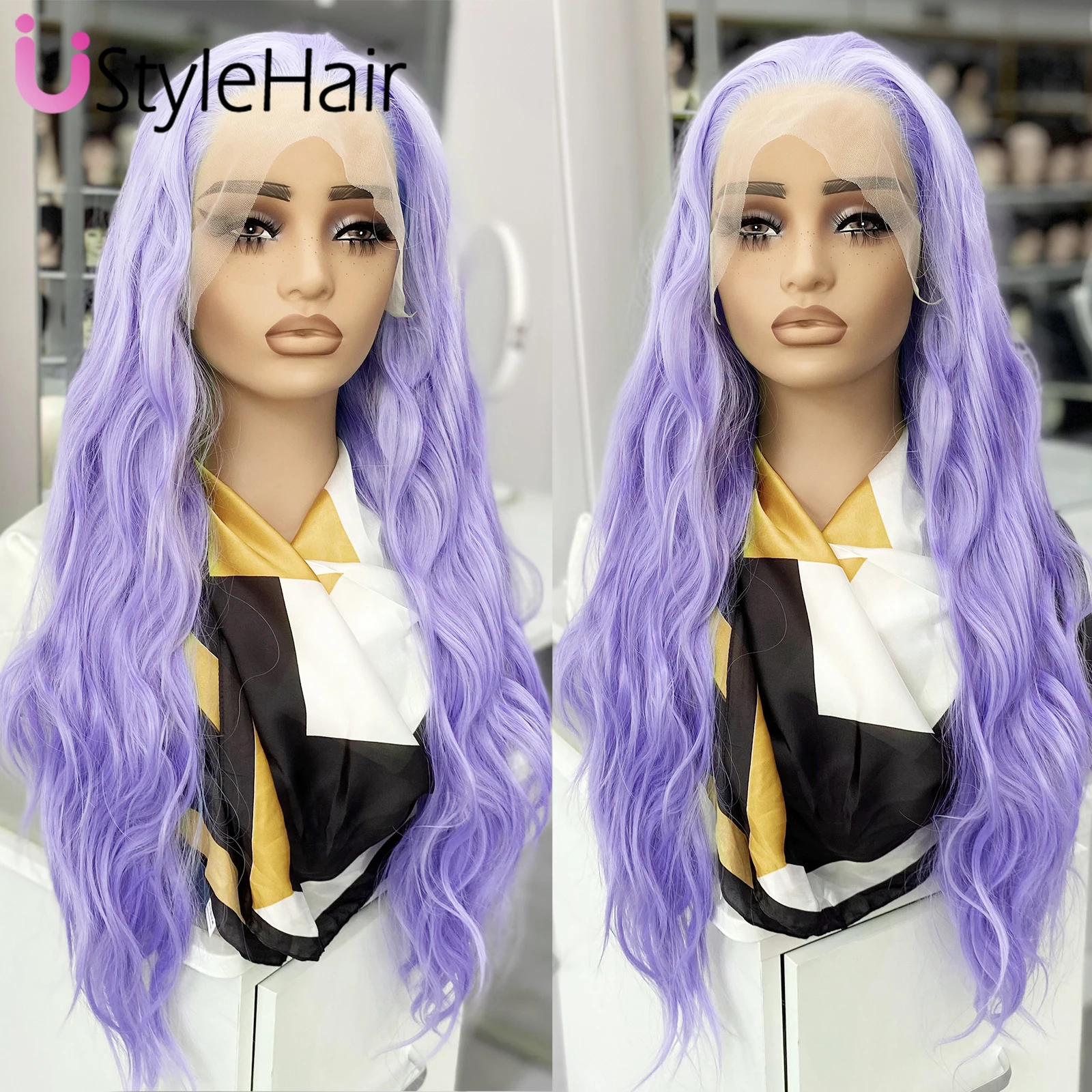 Лавандовый парик на сетке спереди Синтетические длинные свободные вьющиеся